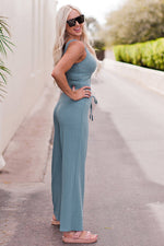 Notched Neck Tank Top and Tie Waist Wide Leg Long Pants Lounge Set - Ladyez