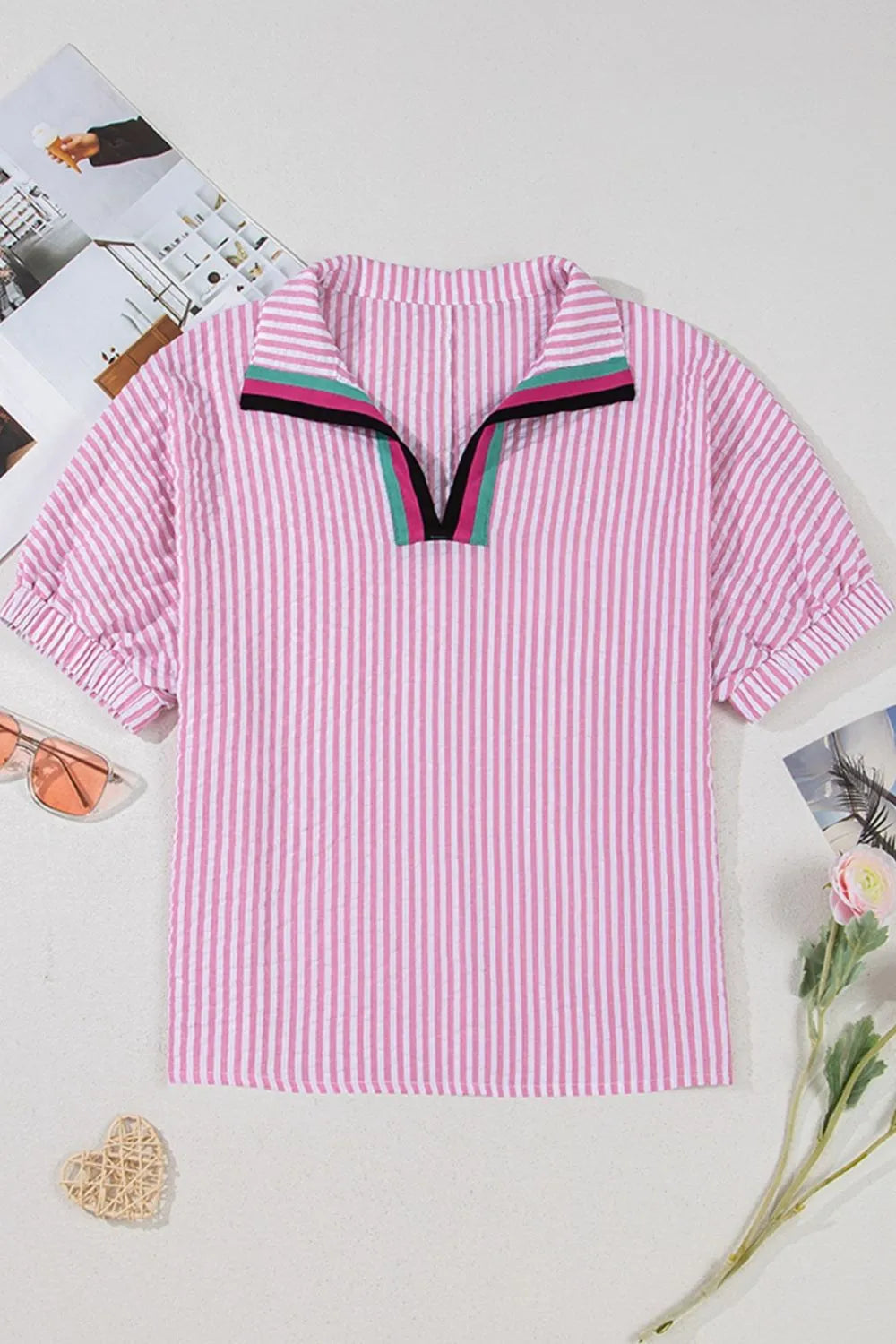 Striped Print Contrast Split Neck Dolman Sleeve Blouse - Ladyez