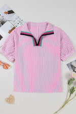 Striped Print Contrast Split Neck Dolman Sleeve Blouse - Ladyez