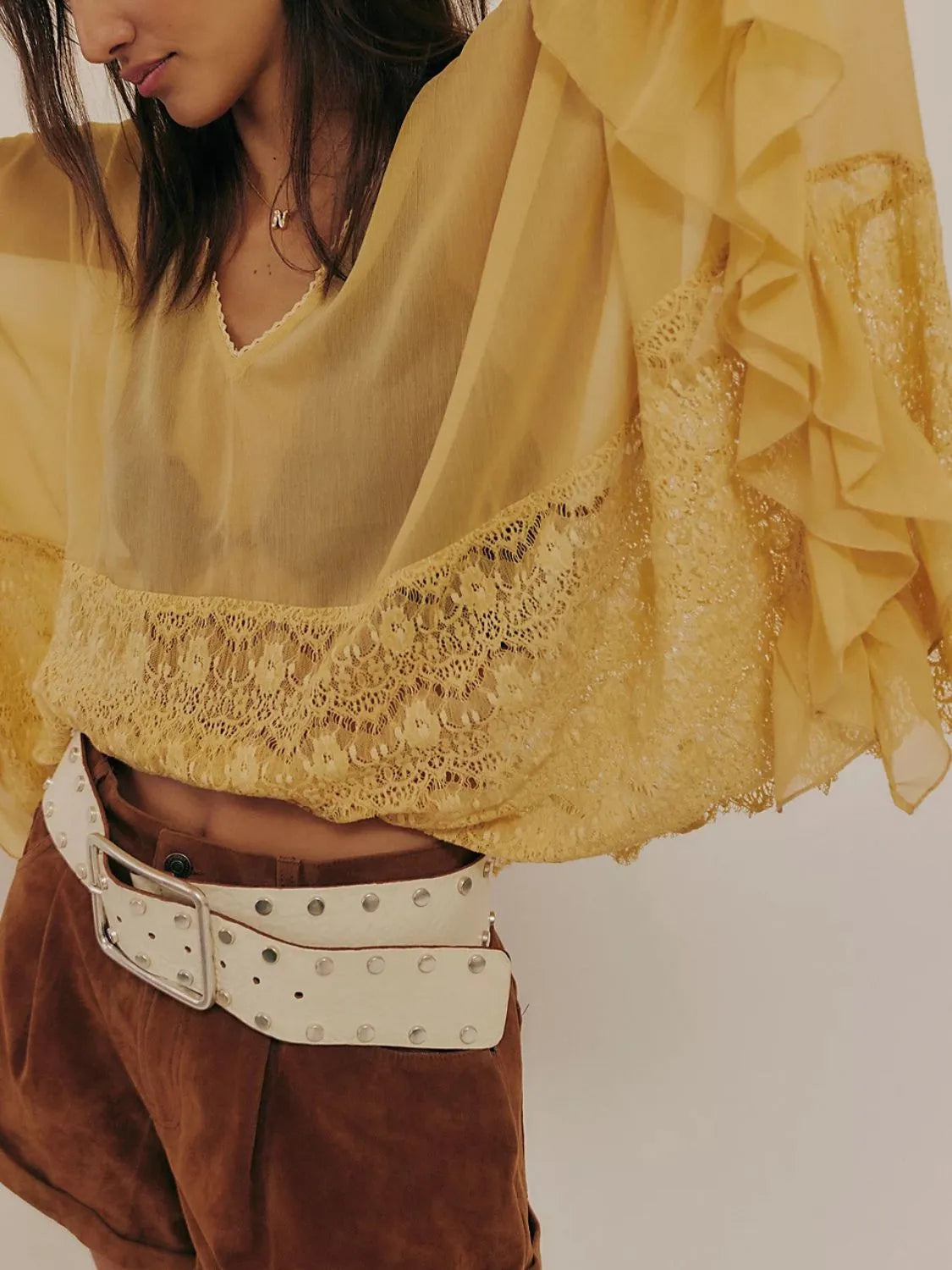 Lace V-Neck Ruffle Long Sleeve Cover-Up - Ladyez