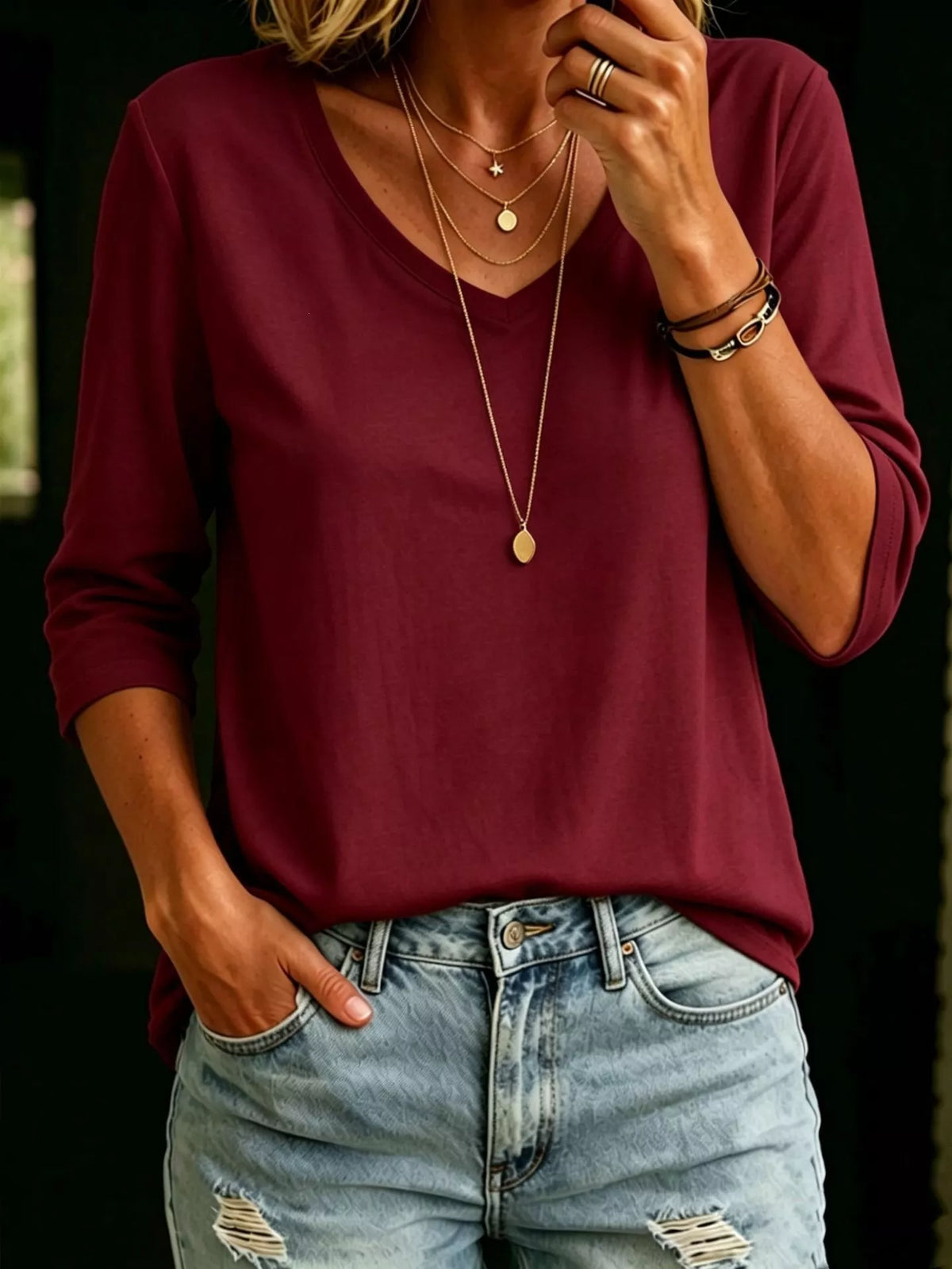Full Size V-Neck 3/4 Sleeve T-Shirt Plus Size