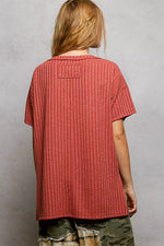 POL Ribbed Knit V-Neck Short Sleeve T-Shirt with Side Slit