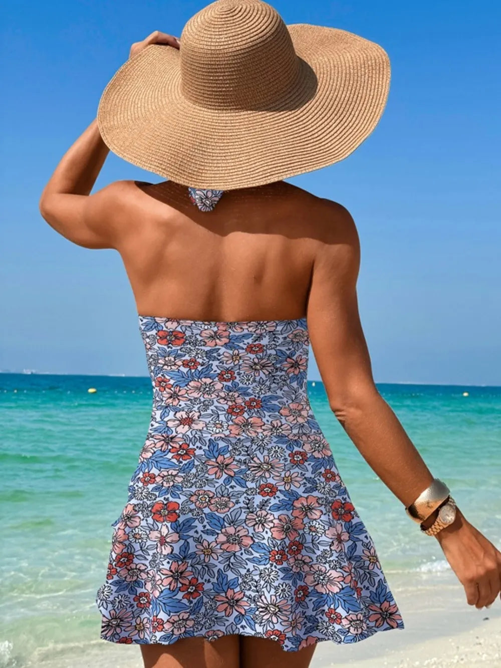 Cutout Printed Halter Neck One-Piece Swimwear - Ladyez