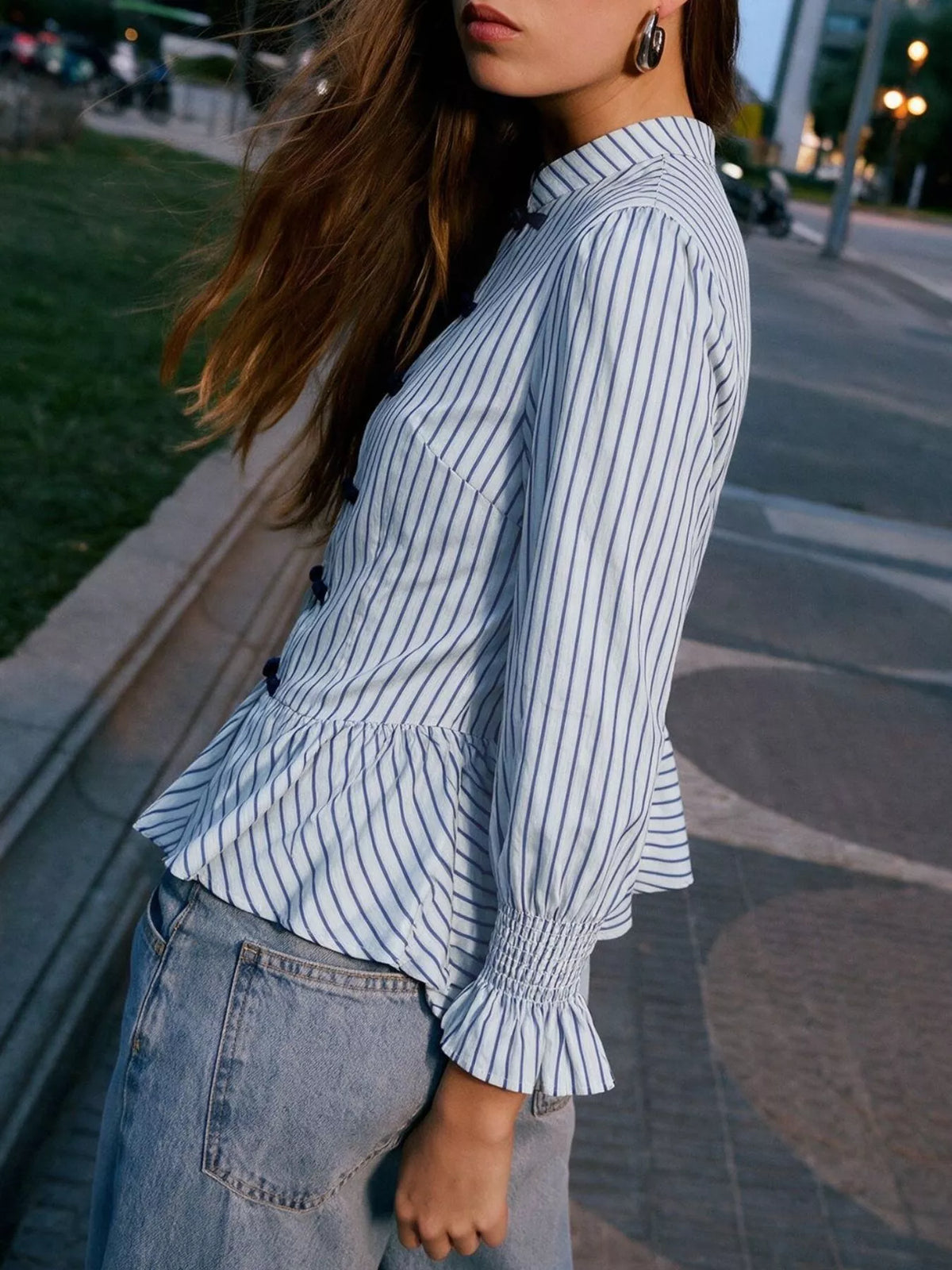 Striped Mandarin Knot Buttons Peplum Hem Shirt