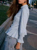 Striped Mandarin Knot Buttons Peplum Hem Shirt