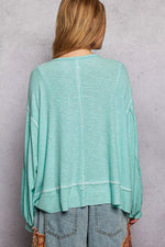POL Round Neck Long Sleeve Exposed Seam Top with Chest Pocket