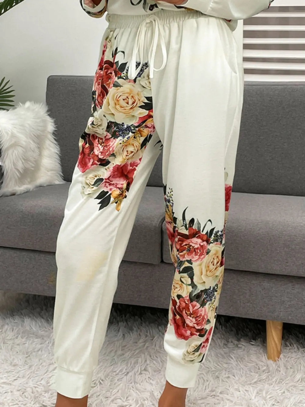 Shiny Printed Round Neck Top and Pants Lounge Set - Ladyez
