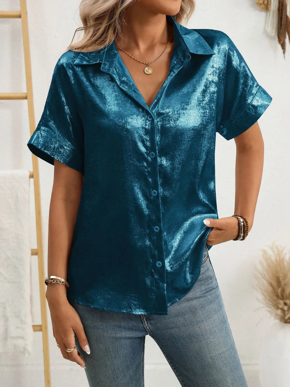 Button Up Short Sleeve Shirt - Ladyez