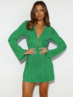 Tied Plunge Flare Sleeve Mini Dress - Ladyez