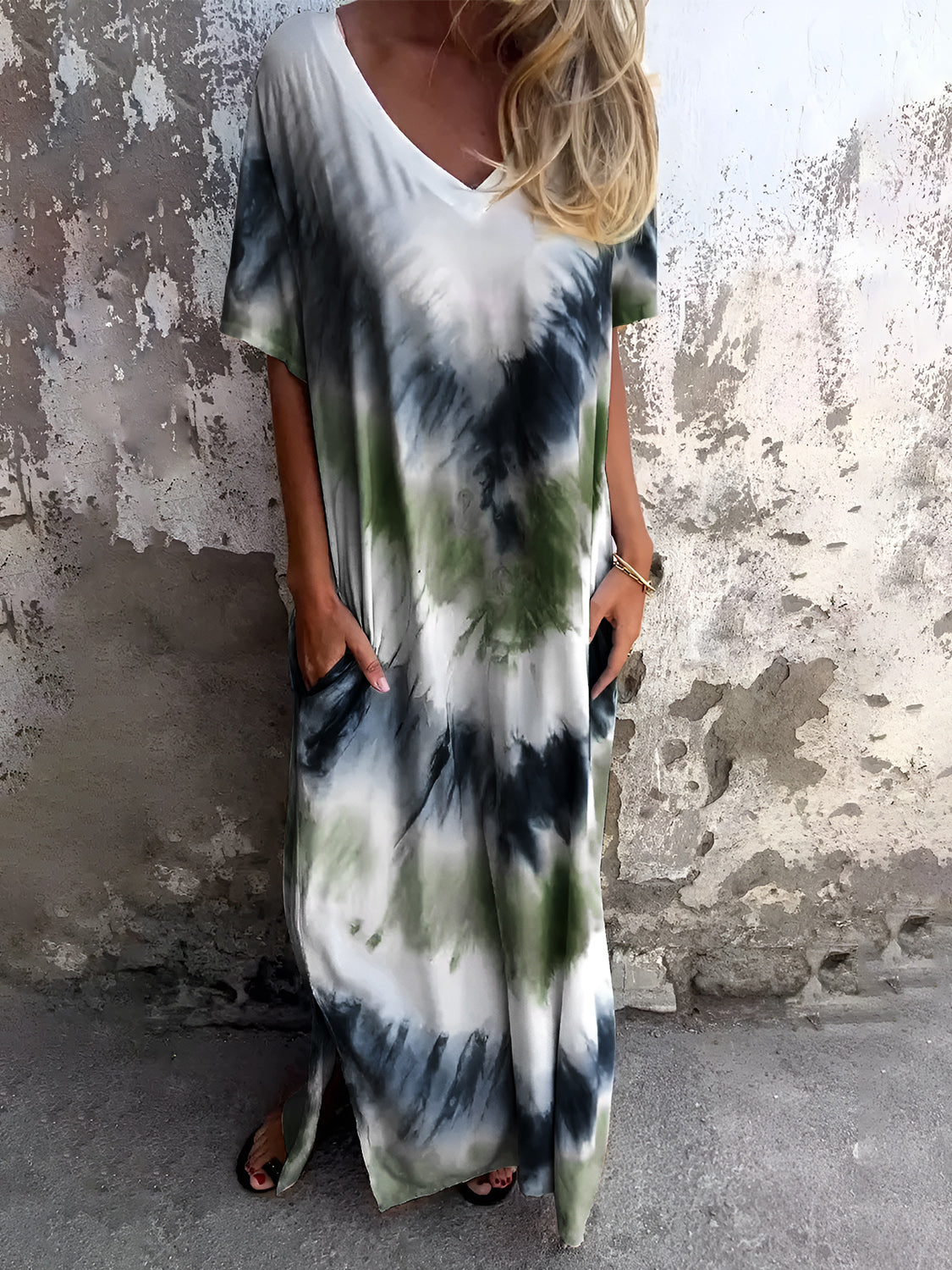 Full Size Pocketed Tie-Dye Short Sleeve Dress - Ladyez