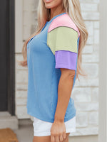 Twisted Rib Color Block Patchwork Short Sleeve Henley Top