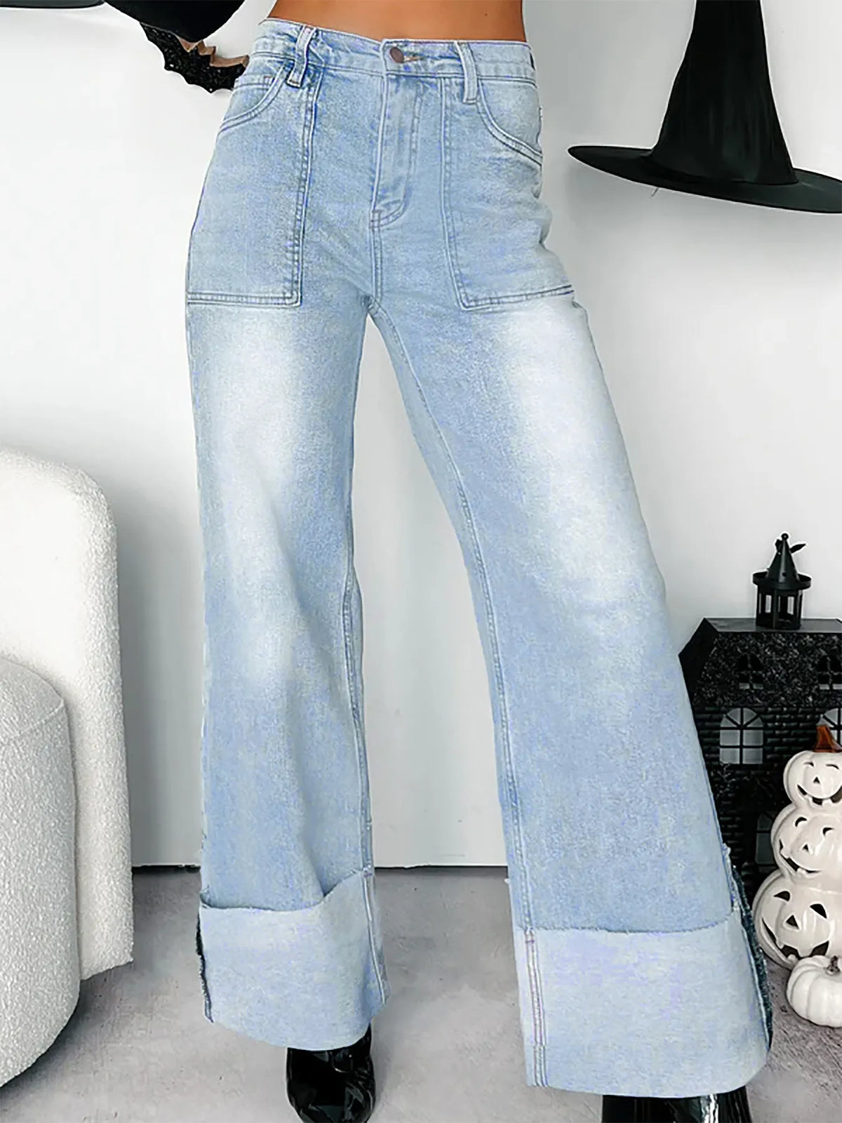 High-Waisted Wide-Leg Jeans with Cuffed Hem - Ladyez
