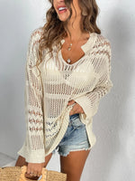Cutout Notched Long Sleeve Cover-Up - Ladyez