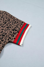 Leopard Jacquard Striped Patchwork Half Zip Short Sleeve Blouse