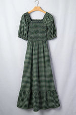Plaid Square Neck Shirred High Waist Ruffle Hem Maxi Dress