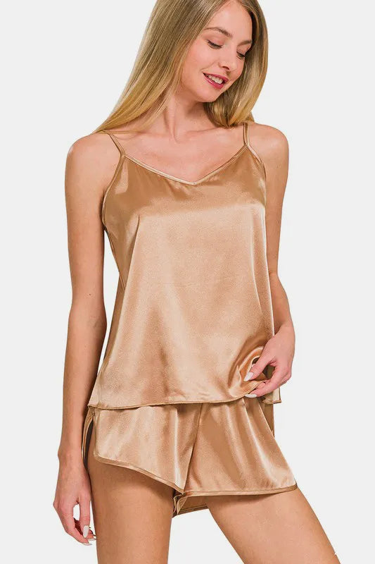 Zenana V-Neck Satin Cami and Elastic Waist Shorts Lounge Set - Ladyez