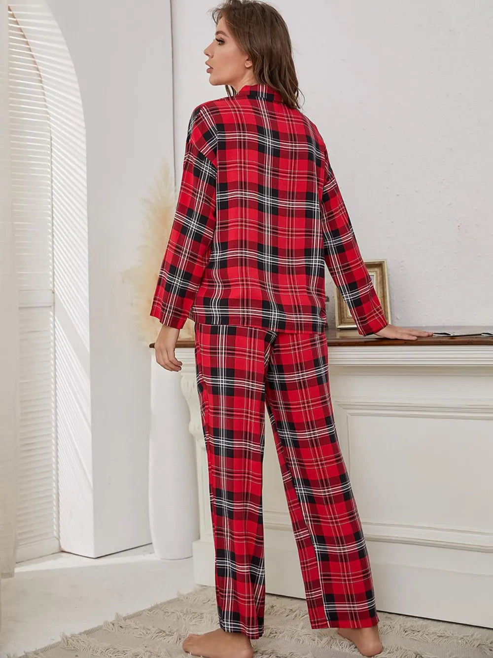 Plaid Collared Neck Long Sleeve Top and Pants Lounge Set - Ladyez