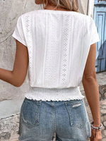 Eyelet V-Neck Short Sleeve Blouse - Ladyez