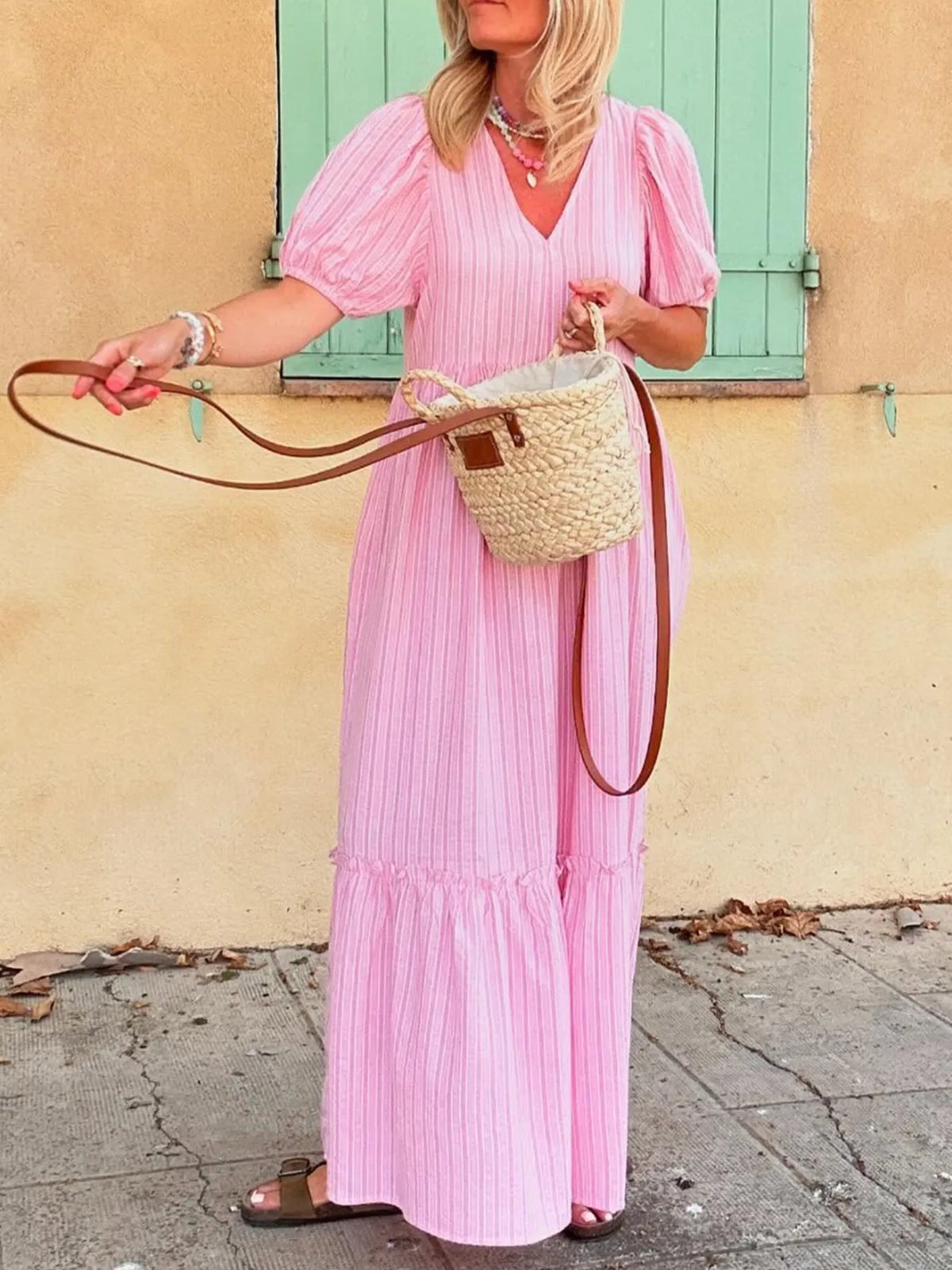 Striped Puff Sleeve V-Neck Maxi Dress - Ladyez