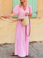 Striped Puff Sleeve V-Neck Maxi Dress - Ladyez