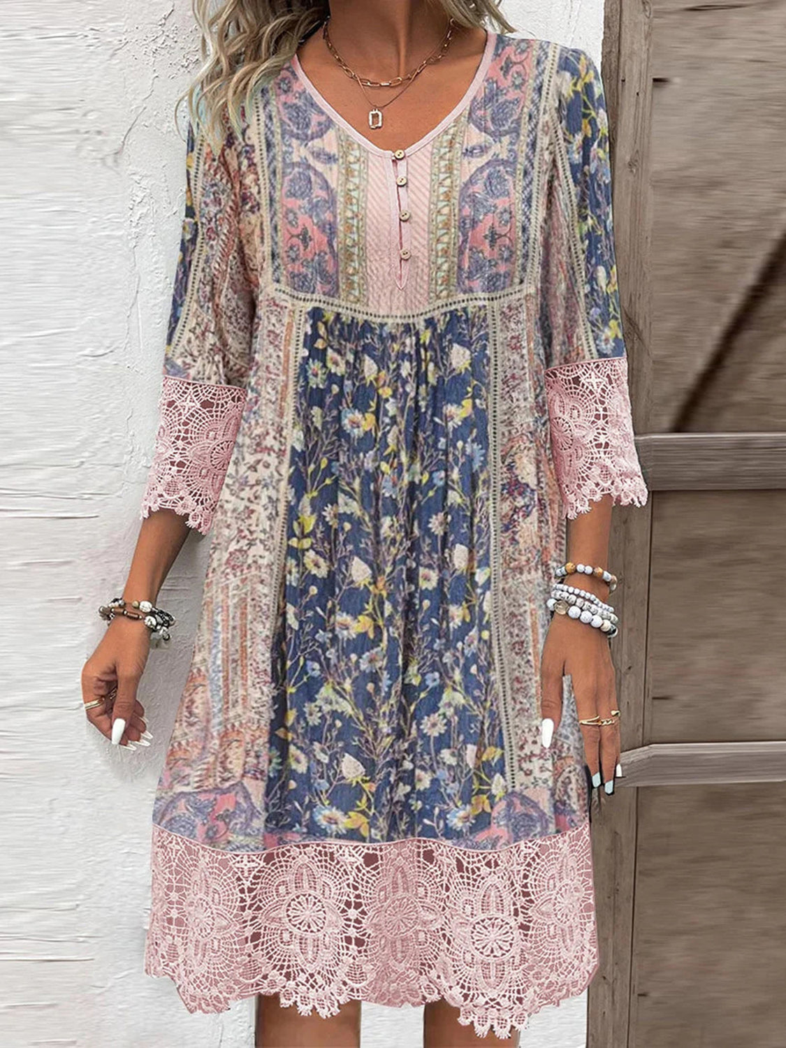 Full Size Lace Detail Printed Three-Quarter Sleeve Dress - Ladyez