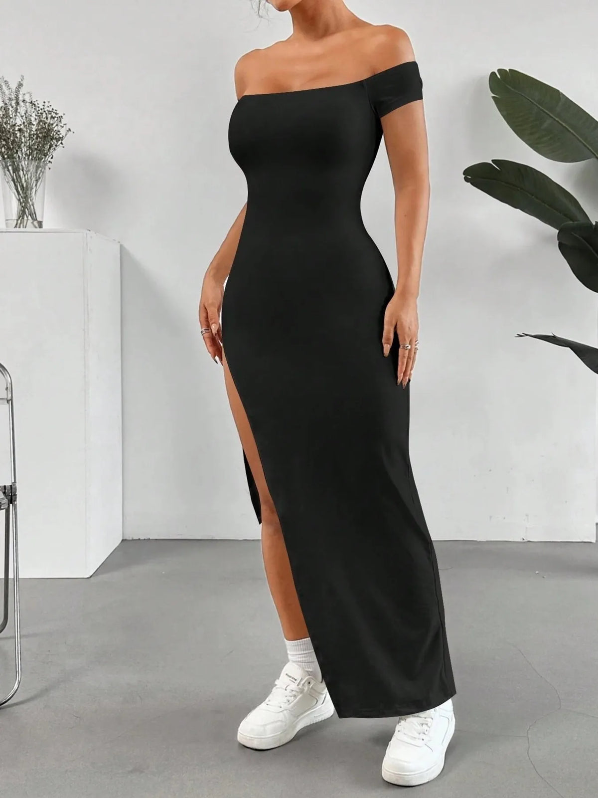 Off-Shoulder High Slit Bodycon Maxi Dress - Ladyez