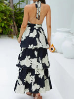 Printed Halter Neck Tiered Maxi Dress - Ladyez