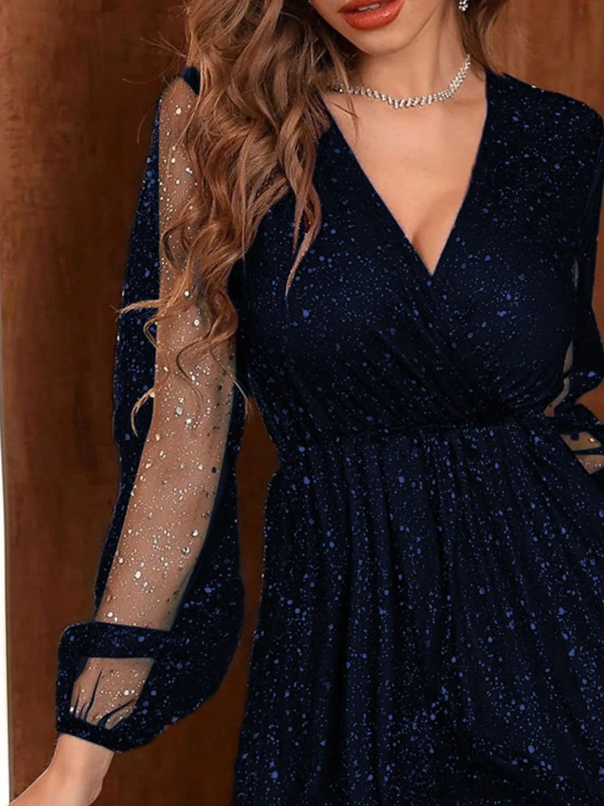 Sparkling Surplice Balloon Sleeve Mini Dress - Ladyez