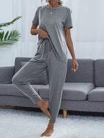 Shiny Round Neck Short Sleeve Top and Pants Set - Ladyez