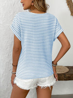 Striped V-Neck Short Sleeve T-Shirt - Ladyez