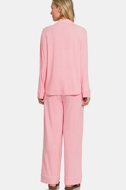 Zenana Button Down Long Sleeve Top and Pants Lounge Set - Ladyez