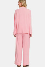 Zenana Button Down Long Sleeve Top and Pants Lounge Set - Ladyez