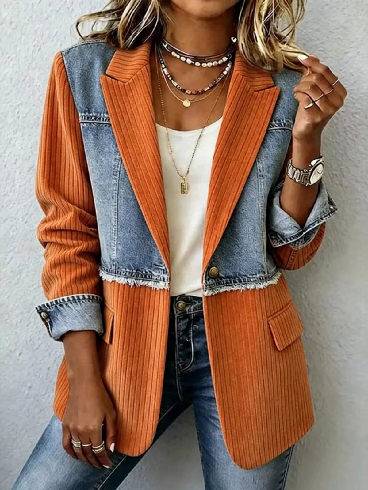 Full Size Patchwork Denim Ribbed Blazer Plus Size