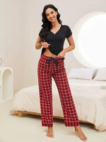 V-Neck Short Sleeve Top and Pants Lounge Set - Ladyez