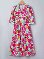 Vibrant Floral Print V Neck Zip Up Puffy Half Sleeve Dress
