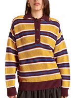 Striped Button Detail Polo Collar Sweater