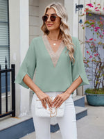 V-Neck Lace Trim Blouse - Ladyez