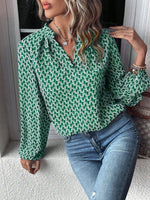 Printed Notched Balloon Sleeve Blouse