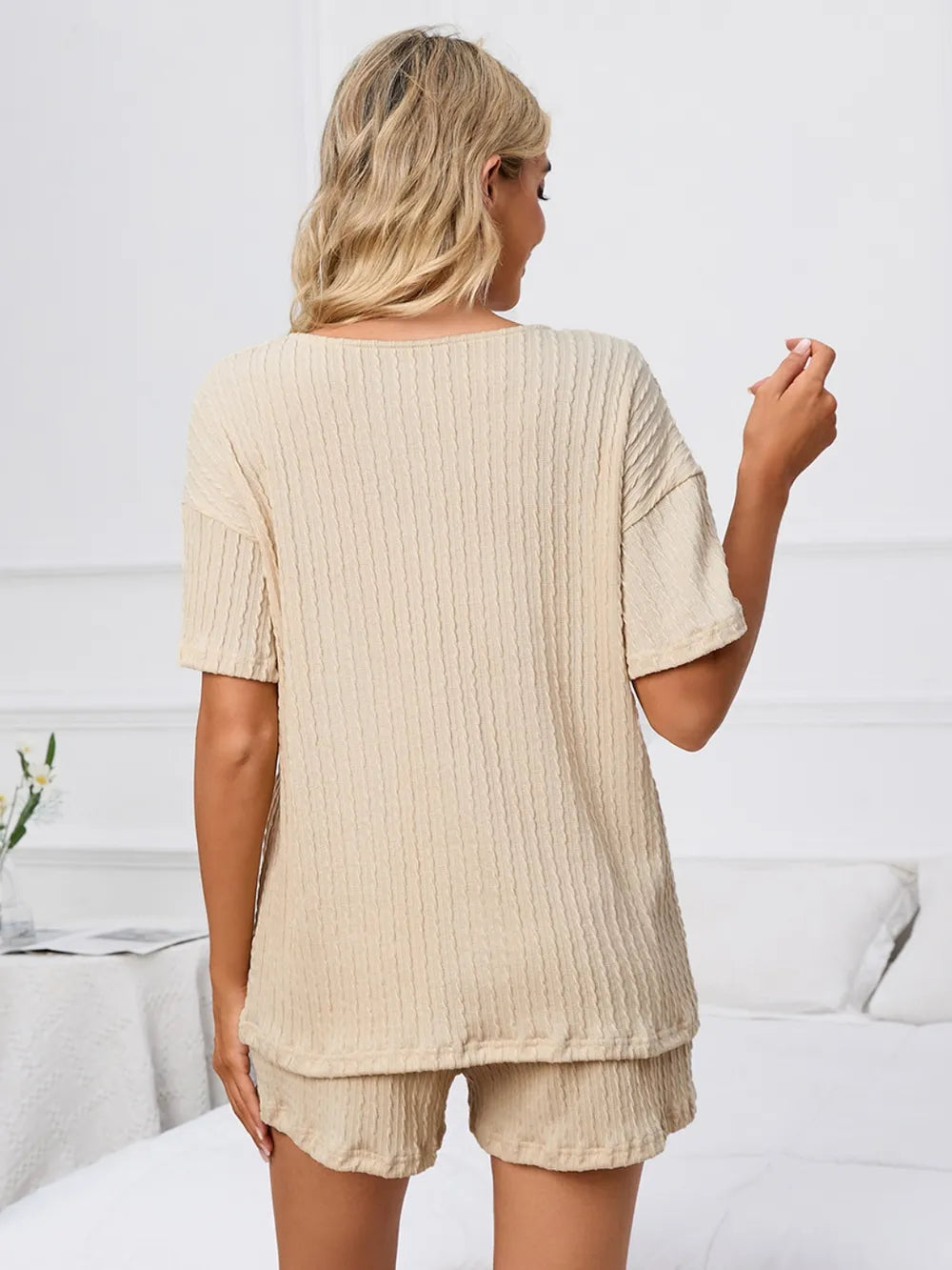 Notched Short Sleeve and Shorts Lounge Set - Ladyez