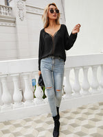 Ivy Lane Tie Neck Long Sleeve Semi-Sheer Blouse - Ladyez