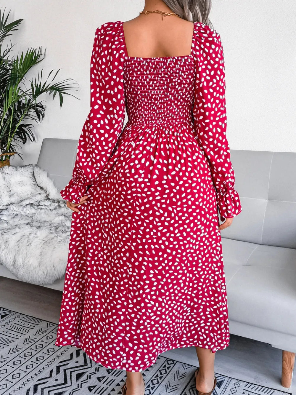Smocked Square Neck Flounce Sleeve Dress - Ladyez
