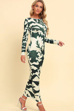 Printed Backless Long Sleeve Maxi Dress - Ladyez