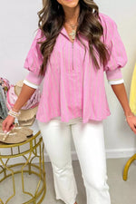 Stripe Striped V-Neck Half Sleeve Zipper Ribbed Cuff Casual Shift Blouse