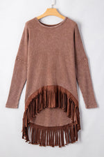 Waffle Knit Fringed High Low Loose Top