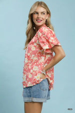 Umgee Floral Button-Front Short Sleeve Shirt