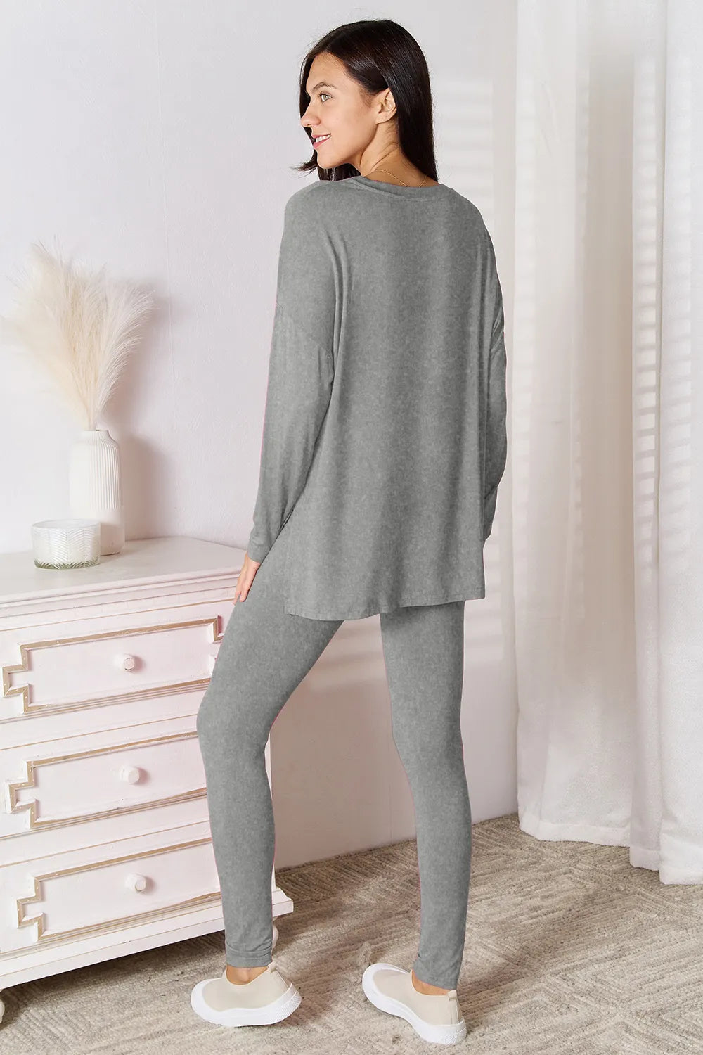 Basic Bae Bamboo Full Size V-Neck Long Sleeve Top and Pants Lounge Set - Ladyez