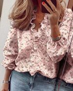 Full Size Printed V-Neck Blouse with Ruffled Plus Size
