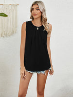 Round Neck Sleeveless Top with Pleated Front Detail - Ladyez