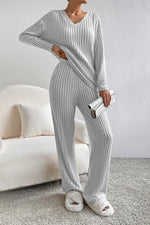 Ribbed V-Neck Top and Pants Lounge Set - Ladyez