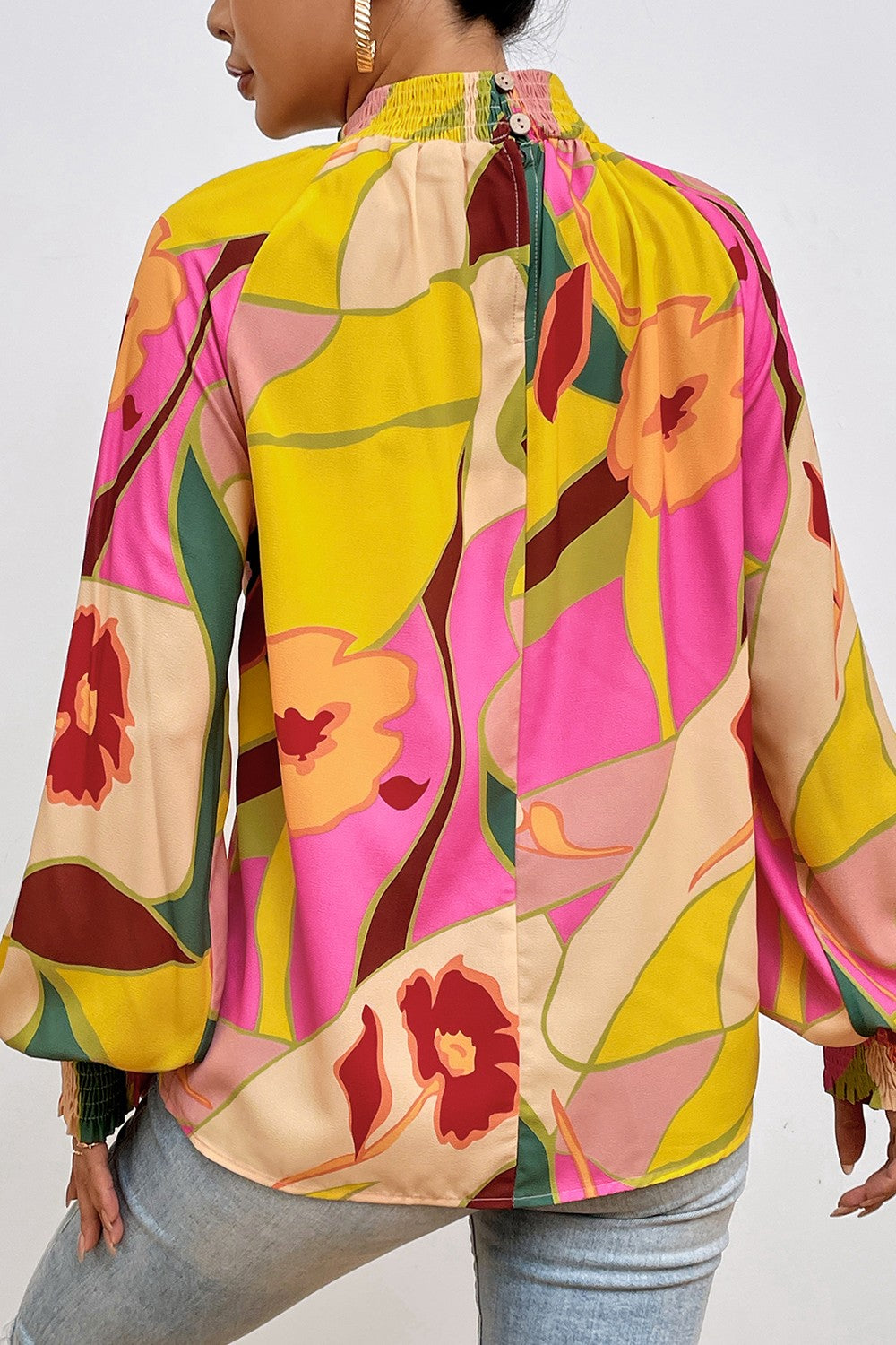 Floral Smocked Lantern Sleeve Mock Neck Blouse - Ladyez